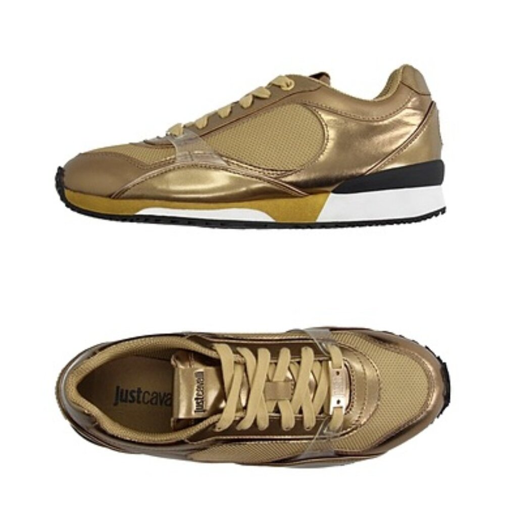 Just Cavalli Gold Metallic Laminated Leather Mesh Sneakers Size 7
